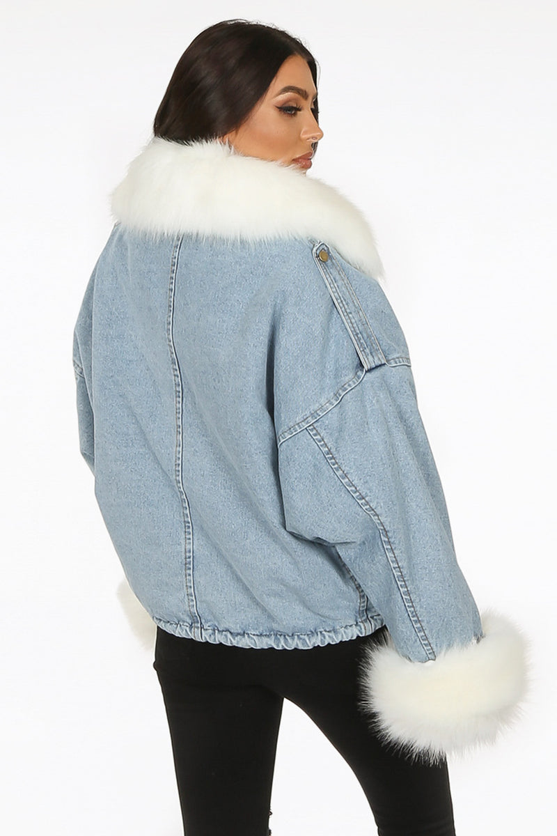 Denim jacket with hot sale white fur